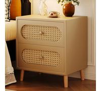 Farmhouse Rattan Nightstand,Vintage Side Table with Spherical Handles,Solid Wood Bedside End Table with 2 Drawers,for Bedroom and Small Spaces