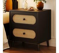 Farmhouse Rattan Nightstand,Vintage Side Table with Spherical Handles,Solid Wood Bedside End Table with 2 Drawers,for Bedroom and Small Spaces