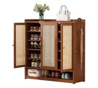 Farmhouse Rattan Shoe Cabinet for Entryway - Stylish Storage Rack with Doors & Open Shelves - Hallway Organizer for Living Room & Closet - Durable & Chic Design