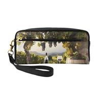 Farmhouse red Wine Printed Leather Makeup Bags with Wrist Strap Portable Travel Toiletry Bag Cosmetic Organizer Bag for Women