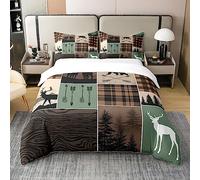 Farmhouse Retro Rustic Bedding 100% Cotton Set Double,Country Bear Deer Comforter Cover Hunting Wild Animal Duvet Cover Plaid Arrows Adventure Patchwork Bedspread Cover Soft Comfy,Brown Green