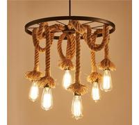 Farmhouse Rope Chandelier Rustic Round Wagon Wheel Pendant Antique Loft Ceiling Light Fixture for Kitchen Island, Dining Living Room, Hallway