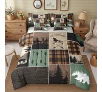 Farmhouse Rustic Comforter Set With Sheets Queen Size Wolf Bear Deer 7 Piece Bedding Set For Boys Teens Bedroom Hunting Wild Animal Bed In A Bag Plaid Arrows Adventure Patchwork Bed Sets, Brown Green