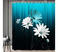 Farmhouse Rustic Floral Daisy Shower Curtain Teal and Black Bath Curtains Turquoise Flower Butterfly Abstract Ombre Art Aesthetic Vintage Country Modern Cool Bathroom Decor with Hooks 72x72in