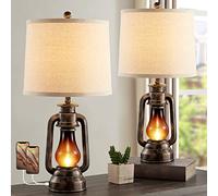 Farmhouse Rustic Table Lamps for Bedroom Set of 2, Vintage Lantern Lamp with Dual USB Charging Ports,25" Retro Antique Bedside Nightstand Desk Lamp for Living Room End Table Entryway, 4 Bulb Included