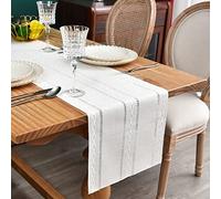 Farmhouse Rustic Table Runner Braided Stripe Table Runner Embroidered Table Decorations for Kitchen Living Room Dining Holiday and Party Ivory 33x275cm/13x108inch