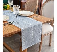 Farmhouse Rustic Table Runner Braided Stripe Table Runner Embroidered Table Decorations for Kitchen Living Room Dining Holiday and Party Blue and Grey 33x230cm/13x90inch