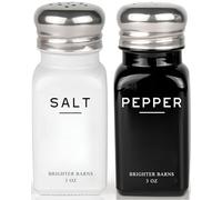 Farmhouse Salt and Pepper Shakers Set by Brighter Barns - Modern Kitchen Decor, Dining Table Countertop Accessory - Rustic, Vintage Glass Shakers with Stainless Steel Lids for Home, Restaurant