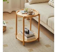 Farmhouse Side Table - Bamboo Round End Table with Storage, 2 Tier Accent for Living Room, Bedroom, Office