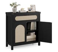 Farmhouse SideboardCabinet Kitchen Buffet with Rattan Decor 1 Der & 2 Doors Shelves Coffee Bar for Living Room & Hallway 76x35x84 cm Black