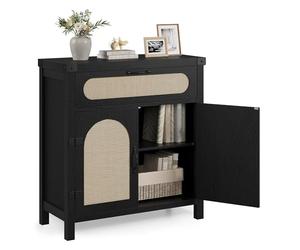 Farmhouse SideboardCabinet Kitchen Buffet with Rattan Decor 1 Der & 2 Doors Shelves Coffee Bar for Living Room & Hallway 76x35x84 cm Black