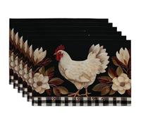 Farmhouse Style Chicken Placemats, Black White Floral Place mats for Dining Table, Non-Slip Washable Indoor Outdoor Party Decorative Placemat Set of 6