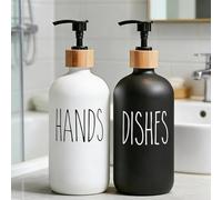 Farmhouse Style Glass Soap Dispenser Set - Sl lack & White Kitchen and Bathroom Dispenser with Elegant Bamboo Pump - Perfect Home Decor Accent