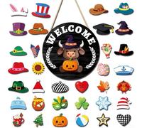Farmhouse Style Interchangeable Upland Cow Welcome Sign Featuring 35 Pieces Of Seasonal Accessories For Year Round Home Display(MZ982B)