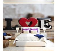 Farmhouse Style Photo Wallpaper 3D Effect Wooden red Heart-Shaped Letters Mural Wallpaper Non-Woven Wall Mural, 350 x 256 cm Large Murals Wall Decor for Bedroom, Living Room, Kids Room
