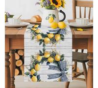 Farmhouse Style Table Runner 13x48 Inches Long Lemon Garland Bow Wood Grain Cotton Linen Table Runner Burlap Style for Dinner Table Party Decor Tabletop Decorations