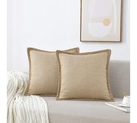 Farmhouse Style Throw Pillow Covers, Burlap Trim, Custom Edges, Decorative Pillow Covers for Bed, Home, Outdoor Decoration, 2 Pack, 20x20 inches, Beige Brown/Linen Tape