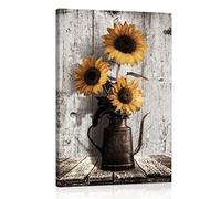 Farmhouse Sunflower Canvas Wall Art: Rustic Brown Pot Wall Decoration - Vintage Flower Framed Poster Artwork Decor for Home Office Living room Bedroom 16" x 24"