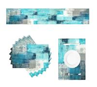 Farmhouse Table Runner and Placemats Set of 6 Washable Heat Resistant Table Mats Teal and Grey Placemat Linen Modern Abstract Painting Art Cloth Place Mats for Kitchen Party Dining Table Decor,13"x72"
