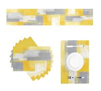 Farmhouse Table Runner and Placemats Set of 6 Washable Heat Resistant Table Mats Yellow Grey Placemat Linen Modern Abstract Painting Art Cloth Place Mats for Kitchen Party Dining Table Decor,13"x72"
