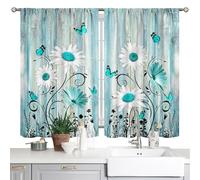 Farmhouse Teal Daisy Kitchen Curtains - Wooden Floral Small Short Cafe Window Drapes, Spring Country Vintage Flower Butterfly Rod Pocket Bathroom Treatment Tier (26x36 Inch)