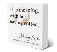 Farmhouse This Morning With Her Having Coffee Wooden Box Rustic Style Coffee Quote Wood Block Tabletop Sign Wedding Gift Desk Decor for Home Kitchen Shelf 5 X 5 Inches