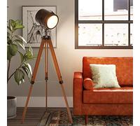 Farmhouse Tripod Floor Lamp Industrial Tall Standing Lamps for Living Room, Contemporary Adjustable Floor Lights E27 Fixture for Bedroom Black Metal Spotlights with Wooden Legs Reading Lamp for Office