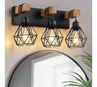 Farmhouse Vanity Light for Bathroom, 3-Light Wood Bathroom Vanity Light Fixtures Over Mirror, Rustic Sconces Wall Lighting with Metal Lampshade for Living Room, Bedroom, Hallway