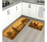 Farmhouse Vintage Kitchen Mats for Floor, Rustic Rooster and Floral Soft Mats, Autumn Cushioned Comfort Washable Decor Rugs for Kitchen Sinks Laundryroom Bathroom 2pcs