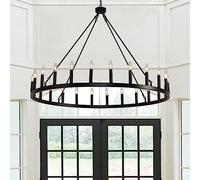 Farmhouse Wagon Wheel Chandelier 48-Inch, 24-Lights Black Wagon Wheel Chandelier, Industrial Round Rustic Candle Farmhouse Chandelier, Extra Large Wagon Wheel Chandelier for High Ceilings, Living Room