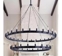 Farmhouse Wagon Wheel inch 2 Tier Extra Large Black Chandeliers Industrial Rustic Light, LED Chandelier