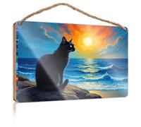 Farmhouse Wall Decor Signs A Black Cat Sits On Rocks, Gazing At A Vibrant Sunset Over The Ocean Playroom Decor The Room Decorations(20X30CM)