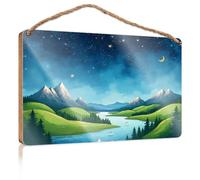 Farmhouse Wall Decor Signs A Serene Night Landscape with Mountains, A River, and Boats Under A Starry Sky Playroom Decor The Room Decorations(23X35CM)