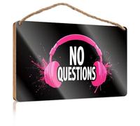 Farmhouse Wall Decor Signs Pink Headphones With "No Questions" Text. Outside Fall Decorations Wood Sign Plaque(20X30CM)