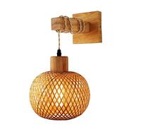 Farmhouse Wall Lamp with Woven Bamboo Shade & Wood Mount, Rustic Rope Detail Wall Light, Japanese Inspired Natural Accent Lighting for Hallway, Dining Room, Entryway Decor
