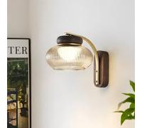 Farmhouse Walnut Wood Wall Lamp with Ribbed Glass Shade - Mid-Century Globe Vanity Light, Round Wall Mounted Light Fixture, Vintage Brushed d Sconces for Bedroom, Bathroom, and Hallway