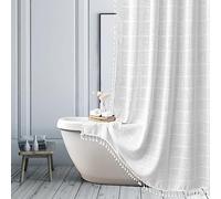 Farmhouse White Extra Long Shower Curtain - Boho Modern Linen Fabric Shower Curtains for Bathroom, XL Large Country Heavy Duty Thick Bathroom Curtain Set with Tassel - Bohemian Shower Curtain 72x84