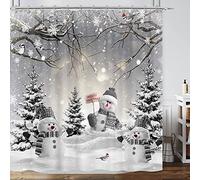 Farmhouse Winter Christmas Shower Curtain, Cute Snowman Snow Forest Pine Tree Scene Shower Curtain for Bathroom Rustic Xmas Snowflake Holiday Gray Bathroom Accessories Polyester 72"X72" with Hooks