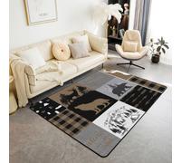 Farmhouse Wolf Rustic Patchwork Plaid Area Rug 150x200cm for Bedroom - For Kids Teens Bedroom Bear Deer Adventure Rugs Living Room Woodland Animal Cabin, Brown Gray Non Shedding Carpet Large Rugs