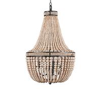 Farmhouse Wood Bead Ceiling Pendant Chandelier Fixture 3-Light Wooden and Metal Chandeliers Hanging Home Decor Lamp,14 x 14 x 25.6 inches, Natural Color