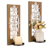 Farmhouse Wood Candle Sconces Wall Decor - Set of 2 Walasis Rustic Wall Candle Holder Decorative Carved Brown Candle Sconce Farmhouse Art Distressed Pillar Candles Holder for Fireplace Decor