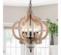 Farmhouse Wood Chandeliers, 5-Light Adjustable Height Hanging Rustic Geometric Light Fixture, Wood Grain Hanging Pendant Light Fitting with E14 Base, Antique Vintage Distressed Wood Ceiling Ligh