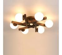 Farmhouse Wood Semi Flush Mount Ceiling Fixture Milk Glass Sputnik Chandelier 6-Light Vintage Kitchen Close to Mid Century for Bedroom Laundry Room Dining