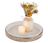 Farmhouse Wood Tray Candle Holder - Romadedi Bead Round Wooden Decorative Tray for Coffee Table Decor Serving Trays Kitchen Counter Rustic Centerpiece for Living Room Home Organizer, White Washed