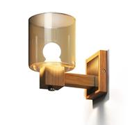 Farmhouse Wood Wall Light Fixture Nordic Cylinder Amber Clear Glass Wall Sconce Vintage Stainless Steel Wall Lamp, Retro Solid Wood Home Decor Lighting Fixture For Bedroom Hal