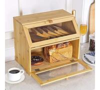 Farmhouse Wooden Bread Box with Clear View Lid 2 Tier Countertop Storage Bin for Kitchen, Pantry Organization Keeps Bread, Fruits, Snacks Fresh Rustic Style