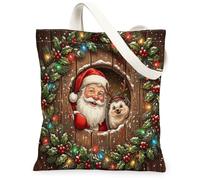 Farmhouse Wooden Christmas Hedgehog Canvas Tote Bag for Shopping 13x15, Rustic Xmas Reusable Grocery Print Bag for Women, Holiday Beach Aesthetic Painting Gift Decor