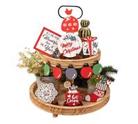 Farmhouse Wooden Tiered Tray Decoration Set - Christmas Stocking & Ornament Tabletop Sign - Perfect For Holiday Table Decor
