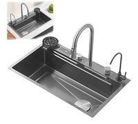 Farmhouse Workstation Kitchen Sink - Drop-In/Undermount Waterfall Design With Accessories: Sink Grid Strainer Basket Pressurized Cup Washer Drain Assembly For Modern Kitchens.,3274 Grey 75X45Cm/29.5X
