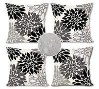 FARMNALL Black and White Throw Pillow Covers Outdoor Waterproof PillowModern Elegant Pompon 18x18 Set of 4 Pillows Case Flower Floral Diwali Cushion Cover for Garden Patio Tent Couch Sofa Home